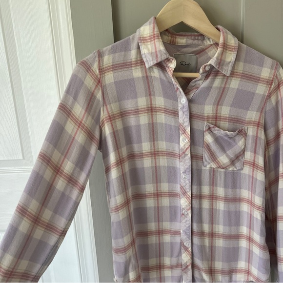 Rails Hunter Plaid Flannel Shirt Small Lavender Rose Cream Rayon Button Front - Picture 2 of 7